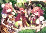  3girls :q ahoge animal animal_hug animal_on_arm animal_on_shoulder architecture arms_up bald_eagle bandaged_arm bandages bird bird_on_arm blurry blurry_background breasts chain commentary cuffs day double_bun dragon eagle east_asian_architecture eastern_dragon flower green_skirt hair_between_eyes highres horns ibaraki_douji&#039;s_arm ibaraki_douji_(touhou) ibaraki_kasen large_breasts looking_at_viewer multiple_girls multiple_persona open_mouth outdoors petting pink_eyes pink_hair pointy_ears puffy_short_sleeves puffy_sleeves raijuu red_flower red_rose red_tabard rose shackles shirt short_hair short_sleeves sitting skirt standing sunyup tabard tiger tile_roof tongue tongue_out touhou white_shirt 