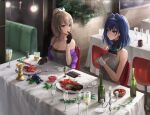  2girls absurdres black_gloves blue_hair bottle brown_hair candlestand chair chan1moon cup dinner drinking_glass food food_on_face fruit gloves grapes highres hololive hololive_english medium_hair multiple_girls nanashi_mumei ouro_kronii sitting smile table tablecloth utensil virtual_youtuber white_gloves wine_glass 