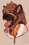  2019 akita anthro blush brown_body brown_fur brown_hair brown_inner_ear_fluff brown_markings canid canine canis curled_hair dessert digital_media_(artwork) domestic_dog eyebrows food food_on_face fur gremm hair headshot_portrait hi_res juice_(disambiguation) male mammal maple_syrup markings multicolored_body multicolored_fur narrowed_eyes object_on_head open_mouth pancake pink_inner_ear pink_tongue portrait signature simple_background smile solo spitz syrup teeth tongue tongue_out tuft wes_(gremm) white_body white_fur 