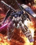  arm_cannon beam_saber bull-g clenched_hand explosion floating gundam gundam_thunderbolt highres holding holding_sword holding_weapon looking_up mecha no_humans shield solo sword v-fin weapon yellow_eyes zb 