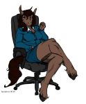  2015 5_fingers anthro blue_eyes bottomwear breasts brown_body brown_fur brown_hair cleavage clothed clothing crossed_legs dress_shirt equid equine female fingers fur green_eyes hair hi_res hindpaw hooved_toes hooves horse horsefever looking_at_viewer mammal melanie_summers one_leg_up paws raised_leg shirt simple_background sitting skirt smile smirk solo thick_thighs topwear white_background white_sclerea 