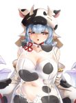  1girl absurdres animal_ears animal_print bangs bare_shoulders bikini blue_hair blush breasts casul cleavage cow_ears cow_girl cow_hat cow_horns cow_print detached_collar detached_sleeves draph ear_piercing granblue_fantasy highres horns large_breasts long_hair looking_at_viewer navel open_mouth piercing pointy_ears red_eyes shatola_(granblue_fantasy) sheer_clothes short_shorts shorts swimsuit thighs white_bikini white_shorts wide_sleeves 