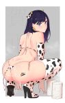  1girl alternate_costume animal_ears animal_print ass back bangs bare_shoulders bikini black_hair blue_eyes blush body_writing boots cow_ears cow_girl cow_horns cow_print cow_tail cum cum_in_cup cum_in_glass cum_on_ass cum_on_body cum_string cumdrip ear_tag elbow_gloves eyebrows_visible_through_hair from_behind gloves high_heels highres horns kagto_(alterna) long_hair looking_at_viewer looking_back overflow shoulder_blades simple_background solo squatting ssss.gridman steam sweat swimsuit tail takarada_rikka thigh_boots thighhighs thong_bikini translation_request 