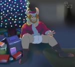  absurd_res anthro asgore_dreemurr beard belt blush boss_monster bottomless bovid caprine christmas christmas_tree clothed clothing diaper extry facial_hair gift hi_res holidays horn long_ears male mammal plant santa_claus solo tree undertale video_games 
