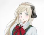  1girl bangs black_bow blonde_hair bow braid closed_mouth collared_shirt commentary_request danganronpa_(series) danganronpa_2:_goodbye_despair dress eyebrows_visible_through_hair gatobau green_eyes hair_bow long_hair looking_at_viewer portrait red_bow shirt simple_background sketch smile solo sonia_nevermind swept_bangs upper_body white_background white_shirt 