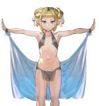  1girl bikini black_bikini blonde_hair bow_(bhp) braid braided_bun breasts closed_mouth double_bun elf looking_at_viewer navel original outstretched_arms pelvic_curtain pointy_ears purple_eyes shawl short_hair simple_background small_breasts solo spread_arms standing swimsuit t-pose white_background 