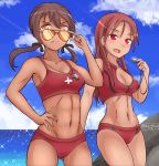  2girls abs aviator_sunglasses beach bookmarkahead breasts brown_hair cleavage cloud commentary english_commentary eyebrows_visible_through_hair frown gertrud_barkhorn hand_on_hip highres lifeguard low_twintails minna-dietlinde_wilcke multiple_girls red_eyes signature strike_witches sunglasses sweat toned twintails whistle whistle_around_neck world_witches_series yellow_eyes 