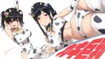  2girls :d animal_ears animal_print arm_behind_head arm_up armpits bell bell_collar black_collar breasts cleavage clothing_cutout collar cow_ears cow_horns cow_print ear_tag fake_animal_ears fake_horns fang heart_cutout horns kaedeko_(kaedelic) large_breasts looking_at_viewer lying midriff multiple_girls navel on_side one-piece_swimsuit open_mouth oppai_loli original ponytail purple_eyes red_collar red_eyes saki_sasaki_(kaedeko) short_hair signature simple_background smile swimsuit thighhighs translated twintails w white_background white_legwear 
