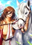  1boy amanna animal armor breastplate brown_eyes brown_hair buckle cape cloud commentary_request day eyebrows_visible_through_hair fate/grand_order fate_(series) floating_hair gauntlets hair_between_eyes horse knight long_hair looking_to_the_side male_focus open_mouth outdoors parted_lips petting saint_george_(fate/grand_order) shoulder_armor signature sky solo very_long_hair white_cape white_horse 