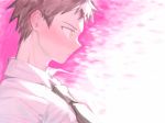  1boy bangs brown_eyes brown_hair closed_mouth collared_shirt commentary_request cross_neko danganronpa_(series) danganronpa_2:_goodbye_despair from_side green_neckwear highres hinata_hajime male_focus necktie pink_background pink_blood portrait profile shirt short_hair solo spiked_hair two-tone_background upper_body white_background white_shirt 