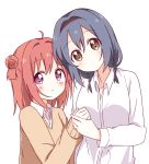  2girls :o ahoge akaza_akari bangs black_hairband blue_hair blush braid breasts brown_cardigan brown_eyes cardigan casual collared_shirt commentary_request eyebrows_visible_through_hair furutani_himawari hair_between_eyes hairband head_tilt highres holding_hands long_hair long_sleeves medium_hair mesushio multiple_girls purple_eyes red_hair shirt simple_background twin_braids upper_body white_background white_shirt yuru_yuri 