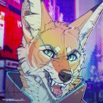  anthro canid canine canis clothed clothing cyberpunk cyberpunk_2077 fangs fennec fox fur killingtea male mammal mouth_shot open_mouth simple_background solo teeth ti-killa tongue tongue_out video_games 