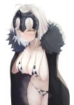  1girl absurdres animal_print bangs bikini black_cape blush breasts cape cleavage collarbone cow_print fate/grand_order fate_(series) fur-trimmed_cape fur_trim fuwatoromonta headpiece highres jeanne_d&#039;arc_(alter)_(fate) jeanne_d&#039;arc_(fate)_(all) large_breasts looking_at_viewer navel short_hair silver_hair simple_background swimsuit thighs white_background yellow_eyes 