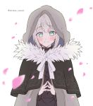  1girl absurdres bangs black_capelet blush cape capelet cherry_blossoms chiri_to_mato cloak closed_mouth commentary_request cowboy_shot eyebrows_visible_through_hair fate_(series) fur-trimmed_cloak fur_trim gray_(lord_el-melloi_ii) green_eyes grey_hair hair_between_eyes highres hood hood_up long_sleeves looking_at_viewer lord_el-melloi_ii_case_files own_hands_together petals short_hair simple_background smile solo twitter_username upper_body white_background 