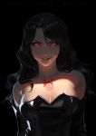  1girl absurdres alex_malveda artist_name biting black_hair breasts chest_tattoo elbow_gloves fullmetal_alchemist gloves glowing glowing_eyes highres latex lip_biting long_hair looking_at_viewer lust_(fma) makeup ouroboros red_eyes shadow shiny shiny_clothes solo tattoo upper_body 