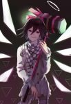  :d bangs checkered checkered_scarf commentary contrapposto cowboy_shot danganronpa_(series) danganronpa_v3:_killing_harmony double-breasted hair_between_eyes hammer highres holding holding_hammer holding_weapon jacket kitsunebi_v3kokonn long_sleeves looking_at_viewer male_focus open_mouth ouma_kokichi pants purple_eyes purple_hair scarf short_hair smile solo standing straitjacket weapon white_jacket white_pants 