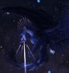  animal_genitalia balls blue_body dragon feathers feral flying genitals hi_res laser orion_(pheel) rubikon sheath sky solo star starry_sky 