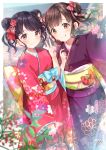  2girls :q azuma_yuki bangs black_hair blurry blurry_background blurry_foreground bow brown_eyes brown_hair chocolate dated double_bun dutch_angle fangs flower food fruit fukumaru_koito hair_bow hair_flower hair_ornament highres idolmaster idolmaster_shiny_colors japanese_clothes kimono licking_lips looking_at_viewer multiple_girls new_year obi pink_kimono purple_eyes purple_kimono sash short_hair signature skin_fangs sonoda_chiyoko strawberry tongue tongue_out twintails v wide_sleeves 