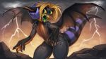  anthro breasts day detailed_background dragon female green_eyes hi_res horn membrane_(anatomy) membranous_wings open_mouth outside sky solo spines teeth tongue wings zazush-una zazush_(zazush-una) 