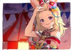  1girl :d ame. animal_ear_fluff animal_ears animal_print arm_up bare_shoulders bell black_bow black_hair blonde_hair blue_bow blue_hair blurry blurry_background blush bow breasts bunny_print circus commentary_request depth_of_field forehead fox_ears hair_bow heart heart_print highres hololive jingle_bell long_hair looking_at_viewer multicolored_hair omaru_polka open_mouth pennant pink_bow pink_hair polka_dot polka_dot_bow red_hair small_breasts smile solo star-shaped_pupils star_(symbol) star_print streaked_hair string_of_flags symbol-shaped_pupils tent upper_body upper_teeth virtual_youtuber yellow_bow 