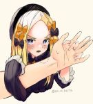  &gt;:q 1girl abigail_williams_(fate/grand_order) bangs bite_mark black_bow black_headwear blonde_hair blue_eyes blush bow eyebrows eyebrows_visible_through_hair eyelashes fate/grand_order fate_(series) fingernails forehead frilled_shirt_collar frilled_sleeves frills hair_bow holding_hands kaita_(mokamilkcup) long_hair multiple_bows multiple_hair_bows orange_bow parted_bangs sharp_teeth sleeves_past_fingers sleeves_past_wrists sweatdrop tearing_up teeth watermark 