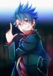  1boy alan_aramaki black_jacket blue_hair collared_shirt fang grin jacket long_sleeves momofukki necktie pointing pointing_up red_eyes red_shirt rose_guns_days shirt short_hair smile solo teeth yellow_neckwear 