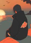  1boy akatsuki_(naruto) akatsuki_uniform animal back bird black_hair dock flying highres male_focus mountain naruto_(series) ningyeon ocean outdoors silhouette sitting solo sun sunrise tree uchiha_itachi uniform water 