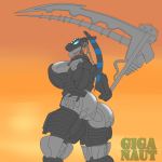  1:1 anthro big_breasts big_butt bionicle blue_eyes breasts butt female giganaut hand_on_hip hi_res holding_object holding_weapon humanoid lego looking_at_viewer looking_back machine not_furry orange_background rear_view robot roodaka simple_background solo standing thick_thighs transformation vortixx weapon weapon_arm wide_hips 