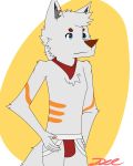  4:5 akaruhusky anthro blue_eyes bulge canid canine canis clothing dire_wolf fur hi_res jockstrap male mammal simple_background solo underwear white_body white_fur 
