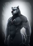  abstract_background absurd_res animal_genitalia ansgar anthro balls belly big_(disambiguation) canid canine canis demon fullbodywolf fur genitals glowing glowing_eyes gold_markings grey_body grey_fur hi_res hybrid illustration male mammal markings muscular muscular_anthro muscular_male nipples nude pecs sheath solo standing were werecanid werecanine werewolf wolf 