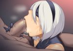  1boy 1girl absurdres bare_shoulders black_blindfold black_gloves black_hairband blindfold breath censored collarbone covered_collarbone cum cum_string dark_skin dark_skinned_male dyun fellatio gloves grey_hair hairband highres mosaic_censoring nier_(series) nier_automata oral penis saliva short_hair signature sweat veins veiny_penis yorha_no._2_type_b 