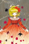  1girl aki_shizuha black_hairband blonde_hair closed_eyes dress hairband hiyodoribbon holding holding_clothes holding_dress leaf long_sleeves red_dress short_hair smile solo touhou upper_body 