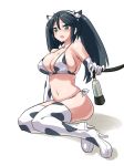  1girl animal_print bikini black_hair boots breast_pump breasts commentary_request cow_print elbow_gloves gloves green_eyes isuzu_(kantai_collection) kantai_collection large_breasts long_hair milking_machine simple_background sitting solo swimsuit tamu_(mad_works) thigh_boots thighhighs twintails white_background white_bikini white_footwear white_gloves yokozuwari 