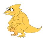  alphys anthro belly blush buckteeth chubby_anthro chubby_female crouching eyewear featureless_chest female frown glasses lizard mhdrawin nude reptile scales scalie simple_background slightly_chubby solo teeth thick_tail three-quarter_view undertale video_games yellow_body yellow_scales 