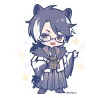  1boy :3 :d animal_ear_fluff animal_ears artist_name black_hair chibi full_body glasses holostars jackal_ears japanese_clothes kageyama_shien looking_at_viewer male_focus multicolored_hair ninomae_ina&#039;nis_(artist) official_alternate_costume open_mouth simple_background smile standing two-tone_hair virtual_youtuber white_background white_hair wide_sleeves 