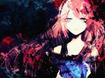  1girl black_background black_shirt blue_eyes commentary earth expressionless highres holding_planet long_hair looking_at_viewer megurine_luka nyakkunn parted_lips pink_hair planet shirt solo upper_body vocaloid 