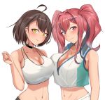  2girls absurdres ahoge asymmetrical_docking azur_lane baltimore_(azur_lane) baltimore_(black_ace)_(azur_lane) bob_cut breast_press breasts bremerton_(azur_lane) bremerton_(scorching-hot_training)_(azur_lane) brown_hair choker cleavage crop_top crop_top_overhang eyelashes gold_necklace hair_intakes hair_ornament hairclip heart heart_necklace highres huge_breasts ichiki_illust idolmaster idolmaster_cinderella_girls large_breasts looking_at_viewer midriff mole mole_on_breast multicolored_hair multiple_girls navel red_eyes red_hair shorts sidelocks simple_background smile streaked_hair tank_top twintails white_background yellow_eyes 