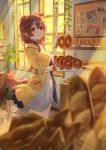  1girl :3 animal_ears bagel baguette bakery blurry blurry_foreground blush bone_hair_ornament braid bread breasts brown_hair bulletin_board cameo collar commentary cowboy_shot depth_of_field dog_ears dog_tail dress food hair_ornament holding holding_tray hololive hoso-inu inugami_korone izumi_sai jacket light_rays listener_(inugami_korone) looking_at_viewer medium_breasts medium_hair nekomata_okayu nyanpyou ookami_mio open_clothes open_jacket open_mouth picture_(object) plant potted_plant red_collar red_eyes shirakami_fubuki shop side_braids smile solo sunlight symbol_commentary tail tongs tray twin_braids virtual_youtuber white_dress window yellow_jacket 