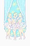  3girls ballet_slippers bare_shoulders blue_eyes bow flower from_behind gloves green_hair hands_together highres hydrangea looking_at_viewer mu_mashu multiple_girls original ribbon white_bow white_footwear white_gloves white_ribbon 