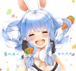  1girl animal_ears blue_hair braid bunny_ears carrot closed_eyes confetti don-chan_(usada_pekora) facing_viewer heart heart_in_mouth highres holding holding_hair hololive laughing multicolored_hair nira_(vira) open_mouth playing_with_hair sidelocks solo twin_braids twintails two-tone_hair upper_body usada_pekora virtual_youtuber white_background 