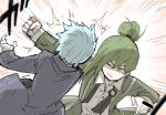  1boy 1girl angela_(lobotomy_corporation) aqua_hair blue_coat brooch buttons clenched_hand coat collared_shirt commentary_request green_coat green_hair hair_between_eyes hair_bun jewelry kan_(aaaaari35) lariat library_of_ruina long_coat long_sleeves medium_hair motion_blur motion_lines netzach_(lobotomy_corporation) one_eye_closed one_side_up open_clothes open_coat ribbon shaded_face shirt short_hair tied_hair untied white_shirt yellow_eyes 