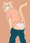  2018 absurd_res anthro burgerpants butt clothed clothing crescendeon domestic_cat felid feline felis hi_res looking_at_viewer looking_back male mammal pants_down partially_clothed pattern_clothing pattern_underwear solo striped_clothing striped_underwear stripes surprise undertale underwear video_games 