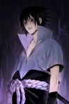  1boy absurdres aura bare_pecs black_hair blood blood_on_face bloody_tears collarbone dark_aura hair_between_eyes highres male_focus mangekyou_sharingan naruto_(series) naruto_shippuuden ningyeon parted_lips red_eyes rope rope_belt scabbard sharingan sheath sketch solo spiked_hair standing teeth uchiha_sasuke zipper zipper_pull_tab 