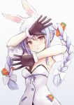  1girl :o absurdres animal_ear_fluff animal_ears armpits bangs black_gloves blue_hair blue_ribbon bow braid breasts bunny-shaped_pupils bunny_ears carrot carrot_hair_ornament detached_sleeves dress extra_ears eyebrows_behind_hair food_themed_hair_ornament from_below fur_trim gloves gradient gradient_background hair_between_eyes hair_bow hair_ornament highres hololive huge_filesize long_hair looking_at_viewer multicolored_hair open_hand orange_eyes pikao pom_pom_(clothes) puffy_short_sleeves puffy_sleeves ribbon short_sleeves sidelocks silver_hair simple_background small_breasts solo tagme twin_braids twintails two-tone_hair upper_body usada_pekora virtual_youtuber white_background white_bow white_dress 