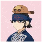  1boy animal animal_on_head black_hair blue_headband blue_kimono closed_mouth commentary_request framed golden_kamuy headband highres japanese_clothes kimono kirawus_(golden_kamuy) looking_away ma_kns male_focus on_head pink_background simple_background solo 