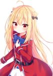  1girl ahoge bangs belt blonde_hair blue_neckwear blush bow bowtie buttons closed_mouth coat collared_shirt commentary_request eyelashes hair_between_eyes hair_bow hand_up highres hikikomari_kyuuketsuki_no_monmon isoroku_(isrk) long_hair long_sleeves red_coat red_eyes shiny shiny_hair shirt solo terakomari_gandezblood 