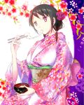  1girl bangs black_hair bowl chopsticks commentary_request eating floral_background floral_print flower food food_in_mouth from_side hair_flower hair_ornament hand_up holding holding_bowl holding_chopsticks japanese_clothes k2_(skt5005) kimono long_hair long_sleeves looking_down low_twintails mochi mochi_trail new_year pink_kimono print_kimono purple_background purple_eyes solo tamura_yuri twintails two-tone_background upper_body watashi_ga_motenai_no_wa_dou_kangaetemo_omaera_ga_warui! white_background wide_sleeves 