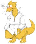  alphys anthro big_breasts blush bodily_fluids bottomless breasts buckteeth cleavage clothed clothing coat dialogue english_text eyewear female front_view glasses hi_res lab_coat lizard looking_at_viewer mhdrawin nervous non-mammal_breasts reptile scales scalie simple_background solo speech_bubble stuttering sweat teeth text thick_tail thick_thighs topwear undertale video_games wide_hips yellow_body yellow_scales 