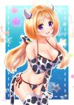  1girl absurdres aki_rosenthal alternate_breast_size animal_print bangs bikini blonde_hair blush bob_cut breasts cleavage commentary_request cow_print detached_hair elbow_gloves eyebrows_visible_through_hair fake_horns fake_tail gloves headgear highres hololive horns large_breasts long_hair low_twintails open_mouth parted_bangs purple_eyes short_hair smile solo swimsuit tail thighhighs twintails urushinuri virtual_youtuber 