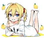 1girl absurdres ahoge bangs barefoot blonde_hair blue_eyes blush collarbone colored_shadow commentary_request eyebrows_visible_through_hair food fruit full_body grin hair_between_eyes hair_intakes highres indie_virtual_youtuber legs_up lemon long_sleeves looking_at_viewer lying off_shoulder official_art on_stomach pinch_(nesume) ponytail shadow shirt sidelocks smile solo virtual_youtuber white_background white_shirt wide_sleeves yamada_sora 
